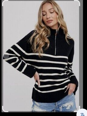 DKNY Black and White Striped Half-Zip Pullover